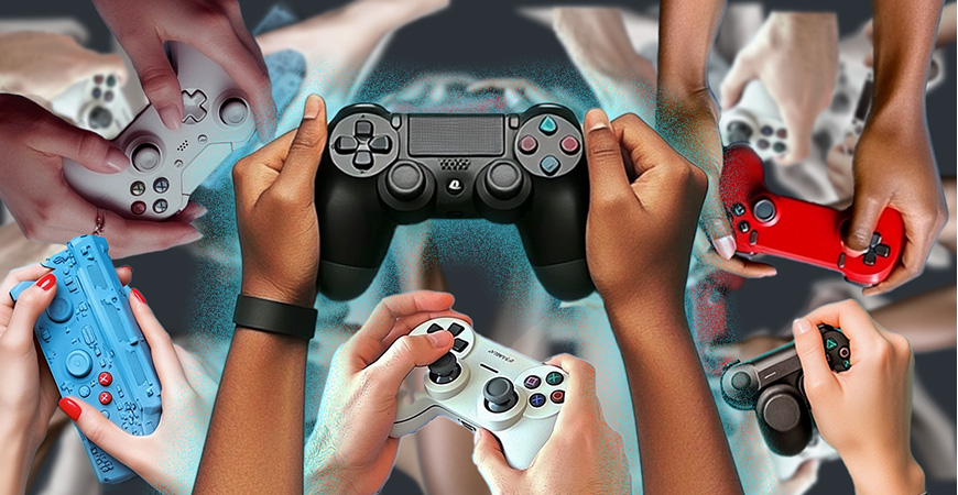 Many hands on video game controllers